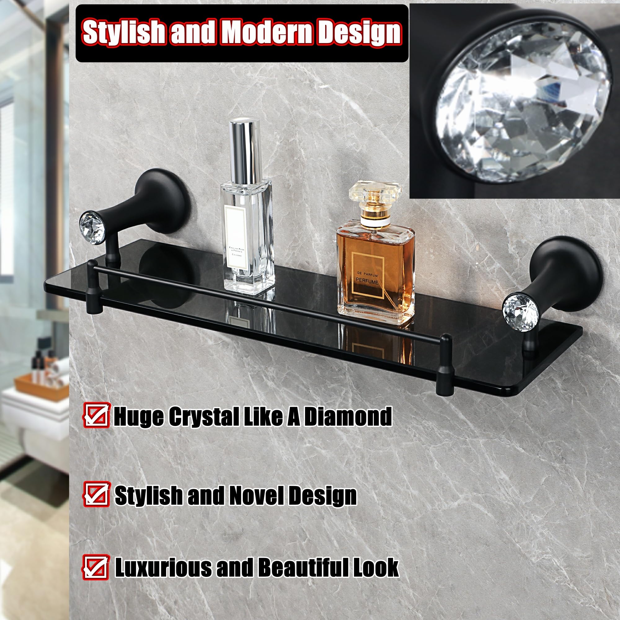 Alise Glass Shelf Bathroom Shelves With Guard Rail,Wall Mount Floating Shelves For Bathroom,Tempered Glass Shelves Rack Storage